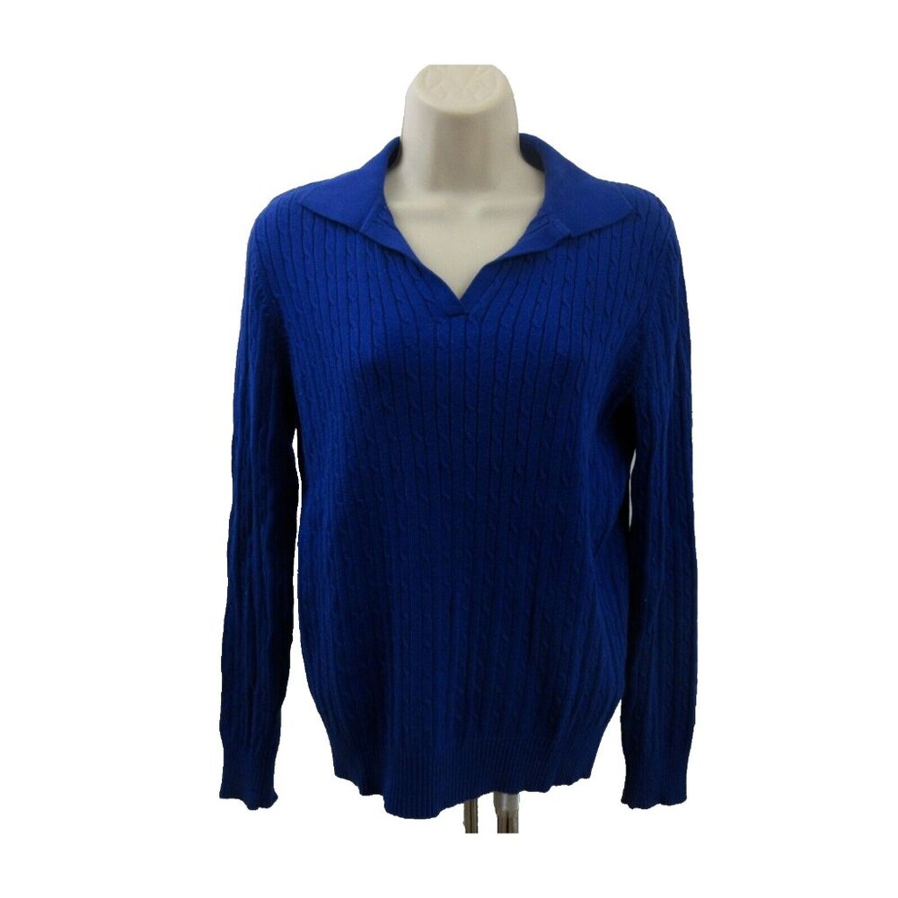 Kim Rogers Sweater Womens Size Small Pullover Collared V-Neck Blue Cable Knit LS